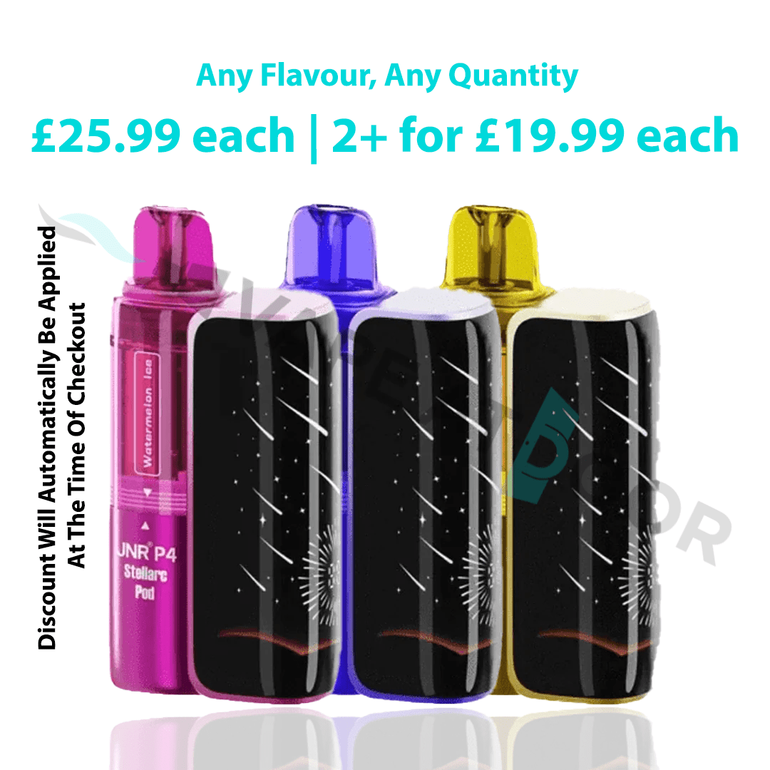 three JNR P4 Stellarc 100k Prefilled Pod Kit with promotional text on a white background