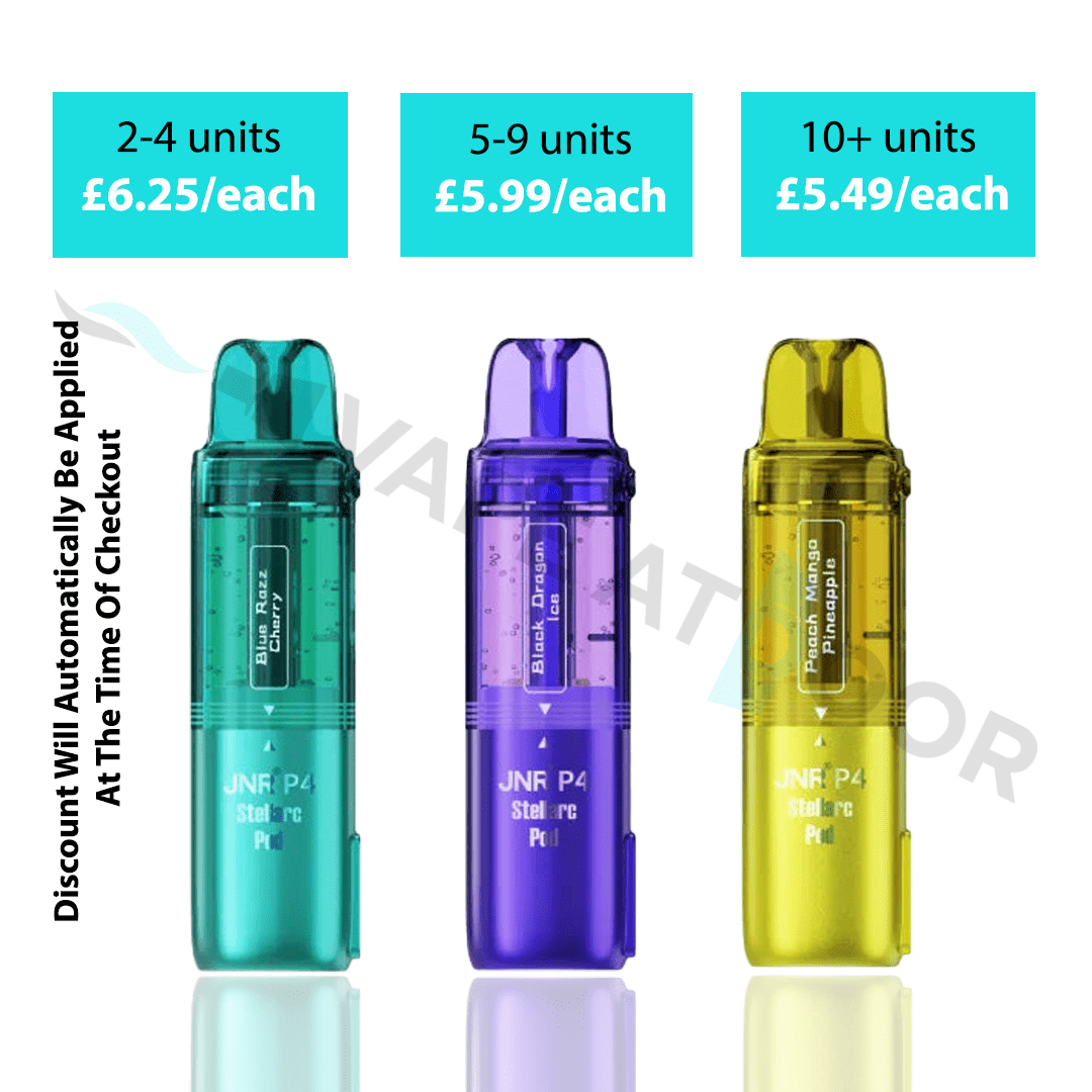 Three JNR P4 Stellarc Prefilled Replacement Pods with pricing and discount information on a white background.