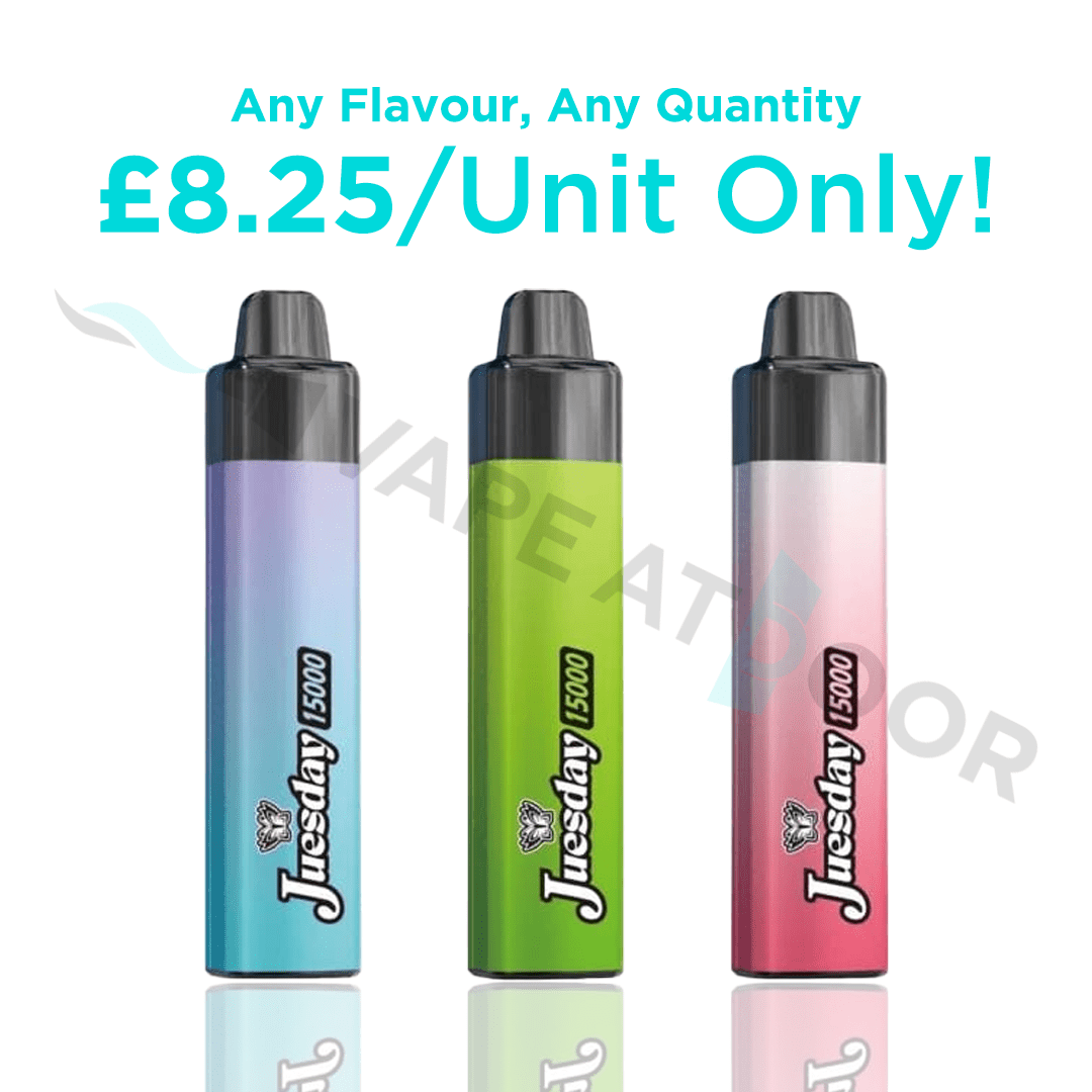 Three colorful vape devices with &#39;Juesday 15000&#39; branding on a white background, promotional text displayed.