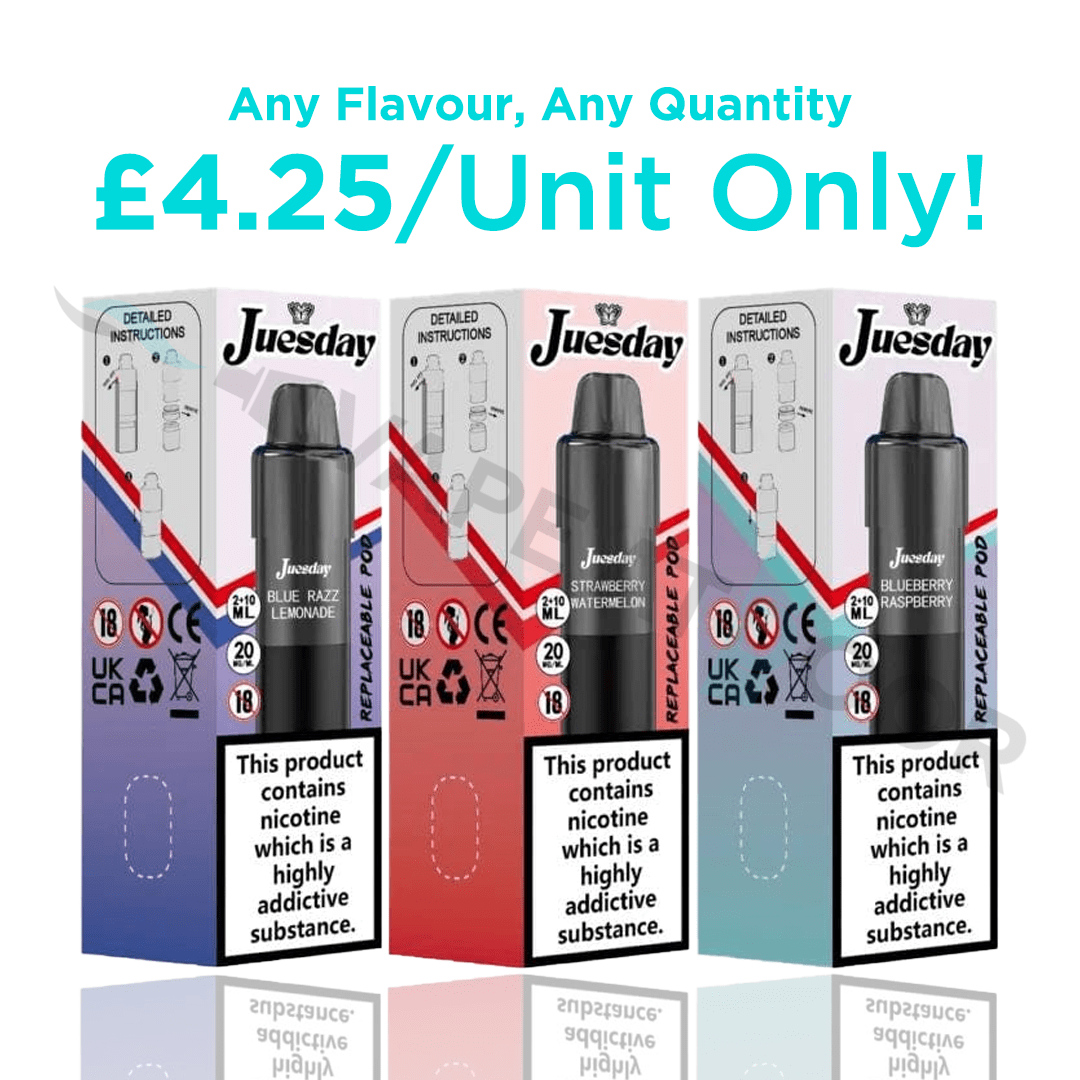 Three boxes of &#39;Juesday&#39; vape Replacement Pods with colorful packaging and nicotine warning labels.