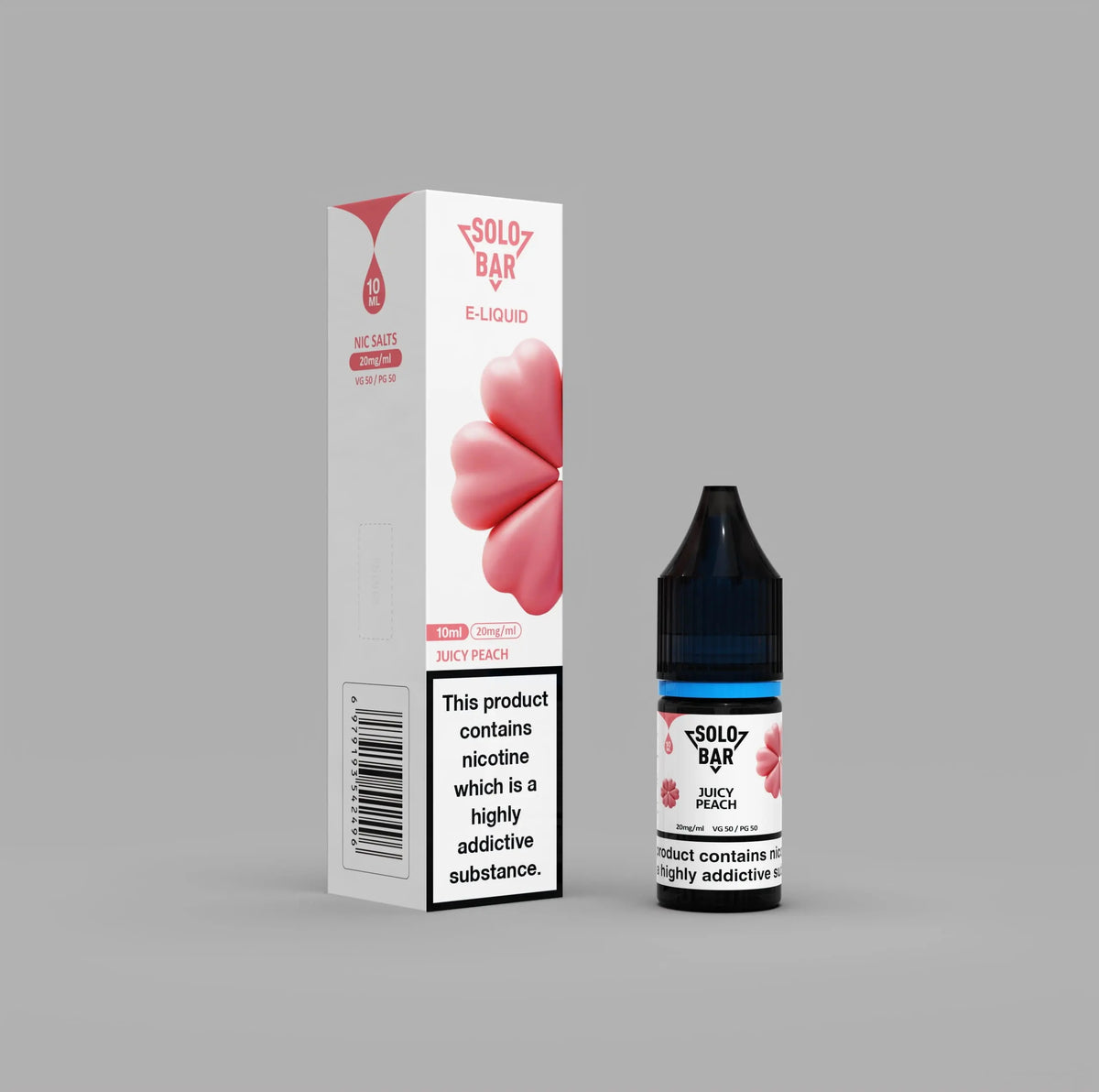 Solo Bar e-liquid packaging with a JuicyPeach on a gray background