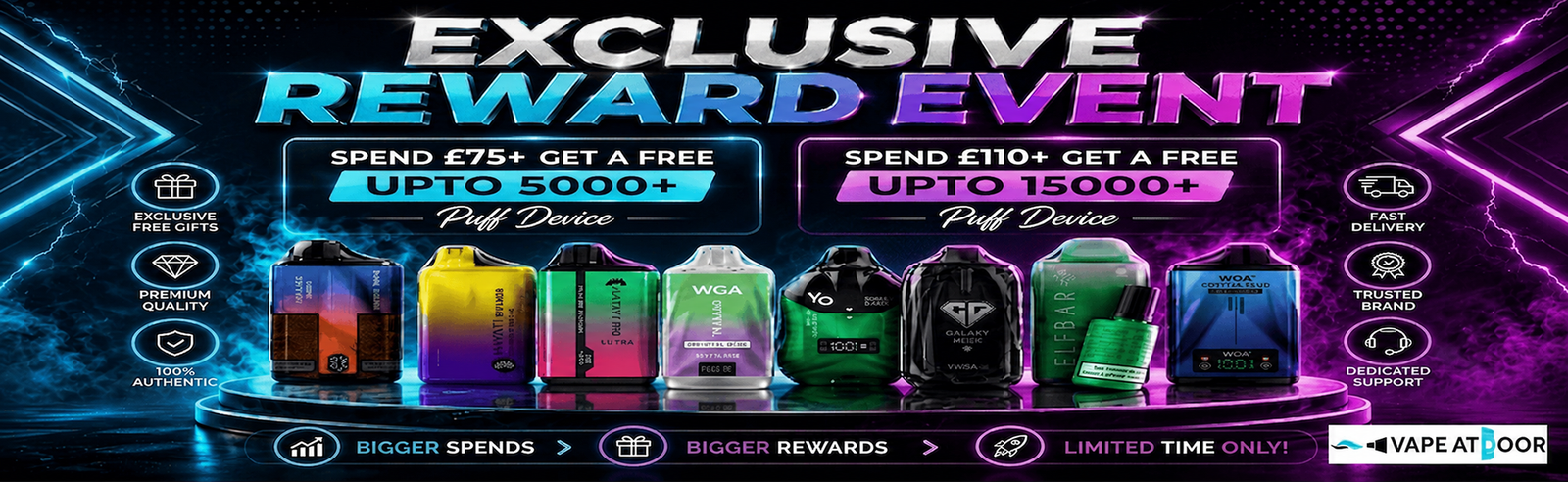 Promotional banner for an exclusive reward event featuring multiple vape devices in various colors, with text offering up to £1500+ and £3000+ spends for free devices. The banner has a dark background with neon purple and blue lighting effects and the Vape At Door logo in the bottom right corner.