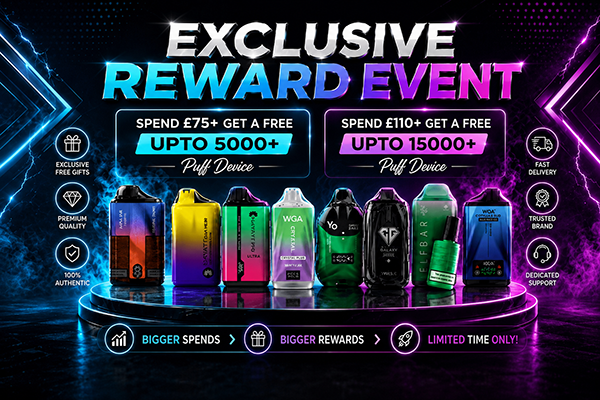 Promotional graphic for an exclusive reward event featuring a lineup of Puff Device disposable vape devices in various colors, with text offering free gift thresholds of £75, £110, and £5000.