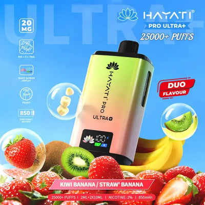 Hayati Pro Ultra Plus 25000 Kiwi Banana & Strawberry Banana Kit with fresh kiwi, banana slices, and strawberries.