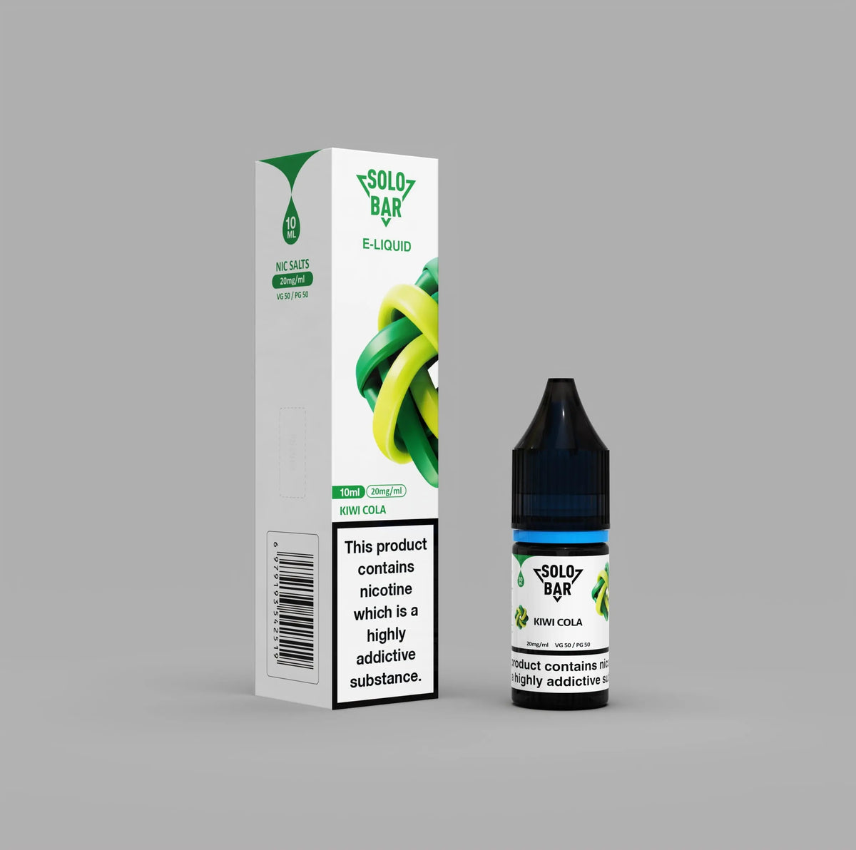 Solo Bar e-liquid bottle KiwiCola and packaging on a gray background