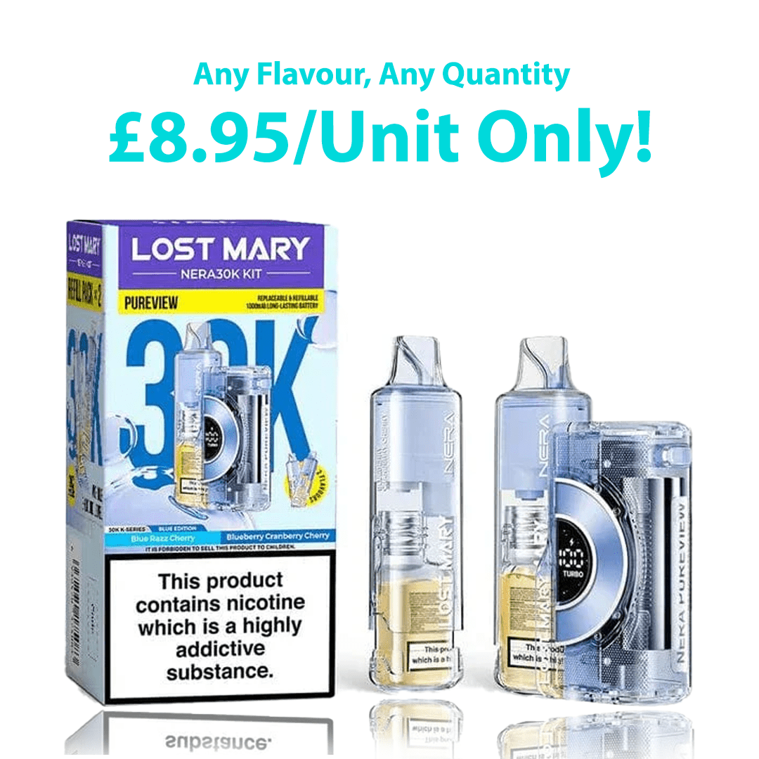 Lost Mary Nera 30k Puffs Pureview Prefilled Pod Kit with packaging and product display on a white background