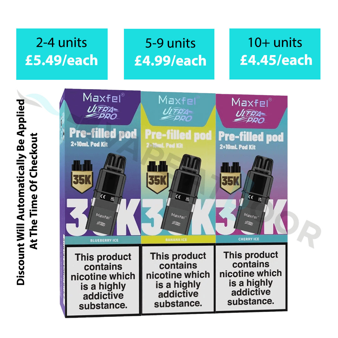 Maxfel Ultra Pro 35K Replacement Prefilled Pods with pricing and nicotine warning labels on a white background.
