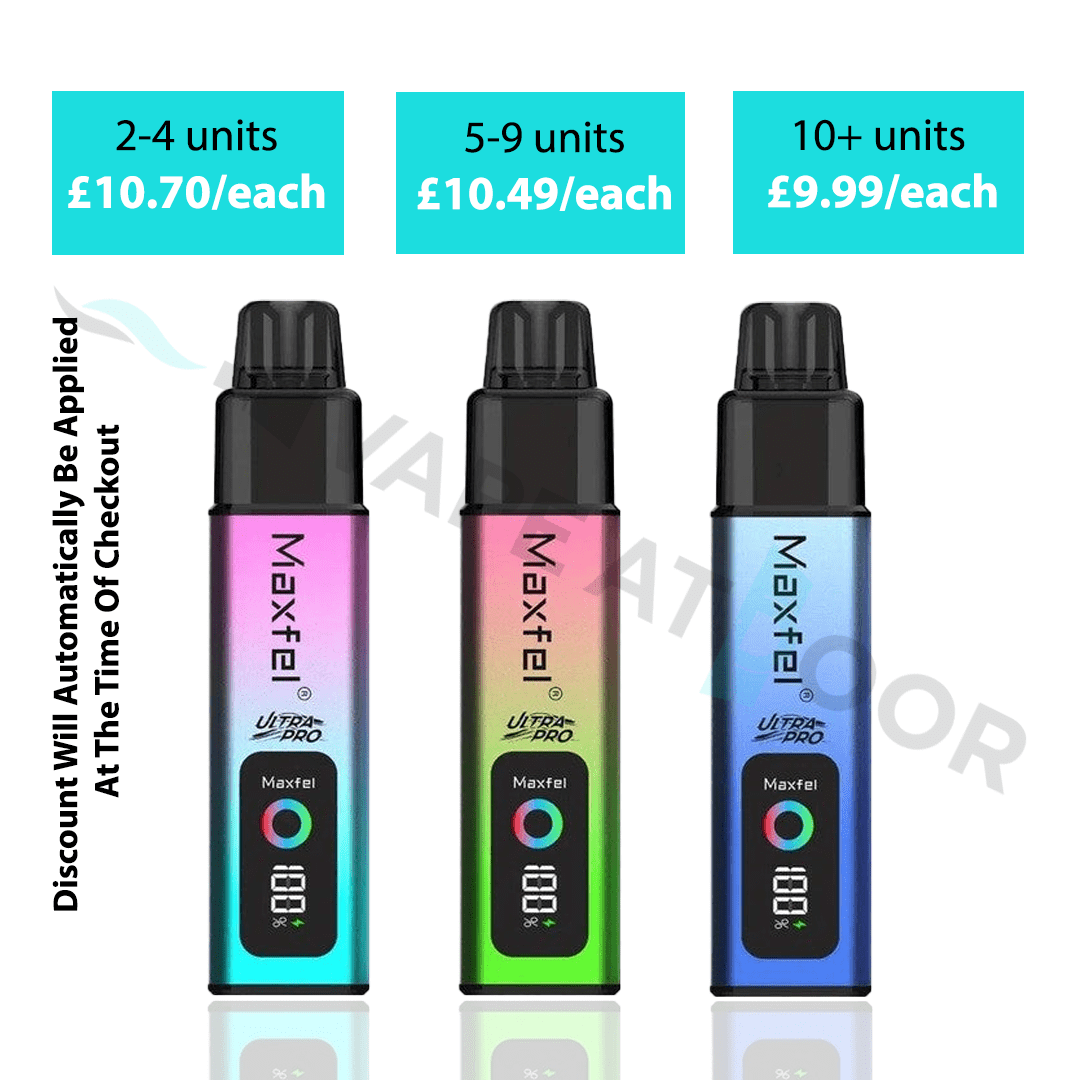 Three Maxfel Ultra Pro 35K Prefilled Pod Vape Kit with pricing information on a white background