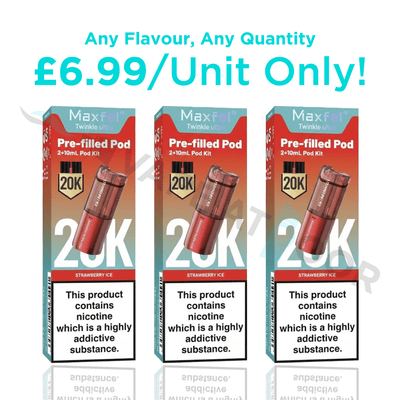 Three boxes of Maxfel Twinkle Ultra prefilled vape pods with promotional text on a white background.