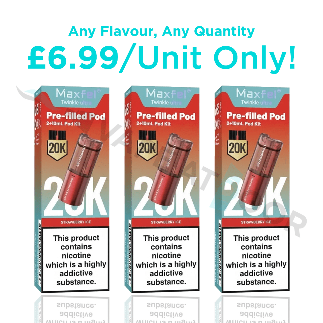 Three boxes of Maxfel Twinkle Ultra prefilled vape pods with promotional text on a white background.