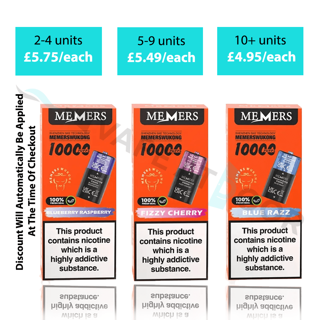 Three boxes of Memers Wukong v10000 Replacement Prefilled Pods  with pricing and product details on a white background.