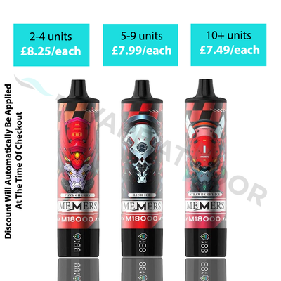 Product advertisement for "MEMERS M18000" vapes showing multi-buy pricing tiers: 2–4 units for £8.25 each, 5–9 units for £7.99 each, and 10+ units for £7.49 each. Three cylindrical vapes featuring futuristic, robotic mecha skull designs and flavors (Fizzy Cherry, Lush Ice, and Strawberry Ice) are displayed below the pricing, with text on the left noting that discounts are automatically applied at checkout.