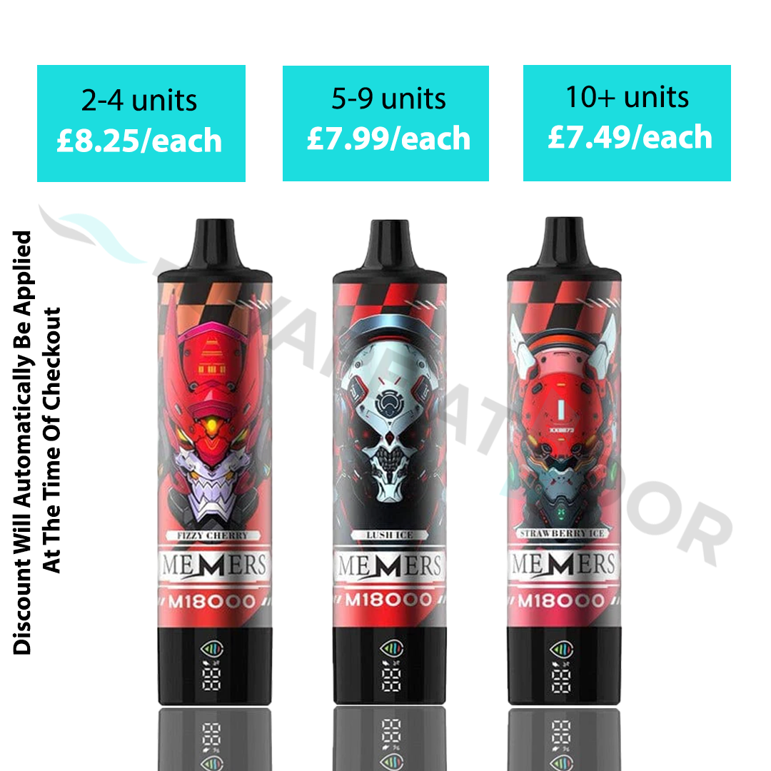 Product advertisement for "MEMERS M18000" vapes showing multi-buy pricing tiers: 2–4 units for £8.25 each, 5–9 units for £7.99 each, and 10+ units for £7.49 each. Three cylindrical vapes featuring futuristic, robotic mecha skull designs and flavors (Fizzy Cherry, Lush Ice, and Strawberry Ice) are displayed below the pricing, with text on the left noting that discounts are automatically applied at checkout.