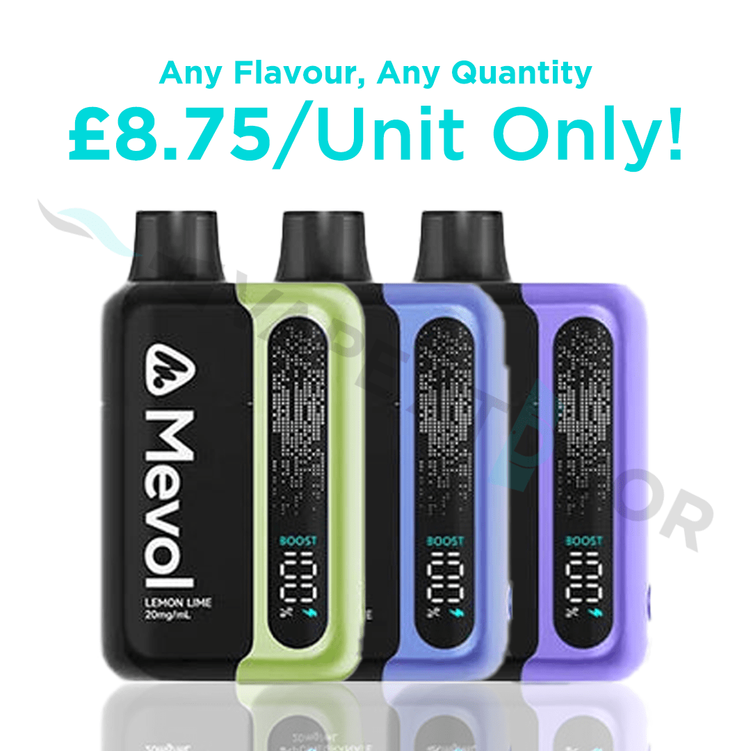 Four Mevol S7000 vape devices in different colors with promotional text on a white background