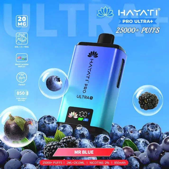 Hayati Pro Ultra Plus 25000 Mr Blue Kit with a rich medley of blackberries, blueberries, and a hint of ice.