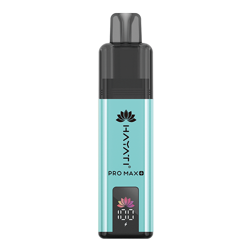 A Hayati Pro Max+ 4000 vape device with a light blue body, black mouthpiece, and a digital display showing 100% battery, set against a plain white background.