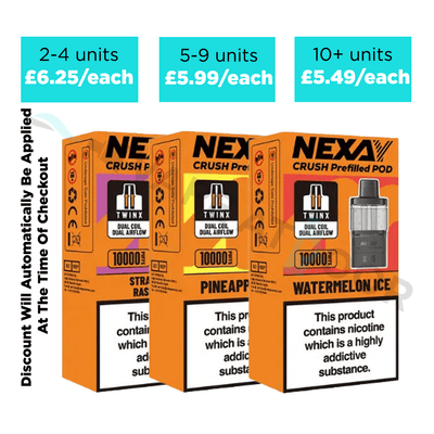 Three boxes of Nexay Crush pre-filled pods with pricing and flavor information.