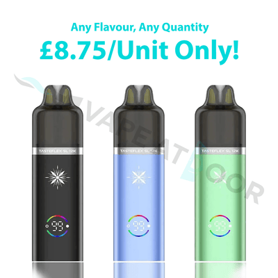 three Oxva Tasteflex SL 12K Puffs Prefilled Pod Kit appearing on a white background with pricing on it.
