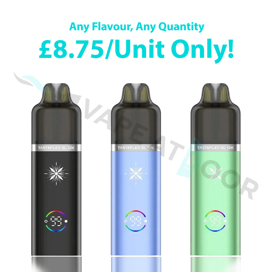 three Oxva Tasteflex SL 12K Puffs Prefilled Pod Kit appearing on a white background with pricing on it.