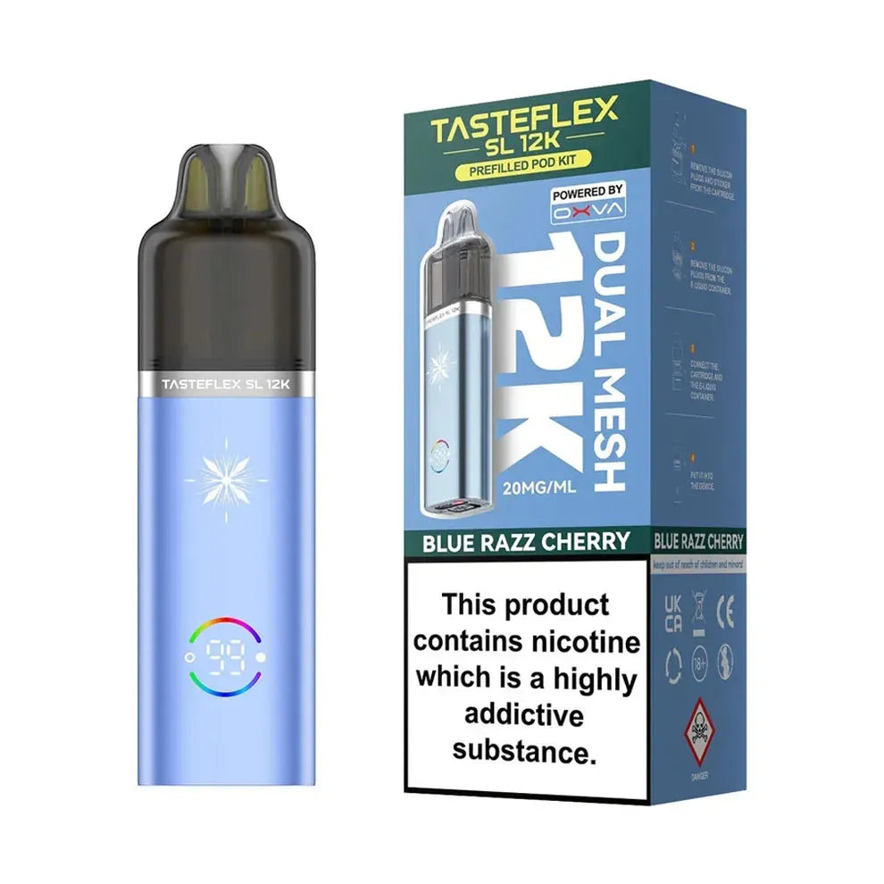 three Oxva Tasteflex SL 12K Puffs Prefilled Pod Kit appearing on a white background with pricing on it.