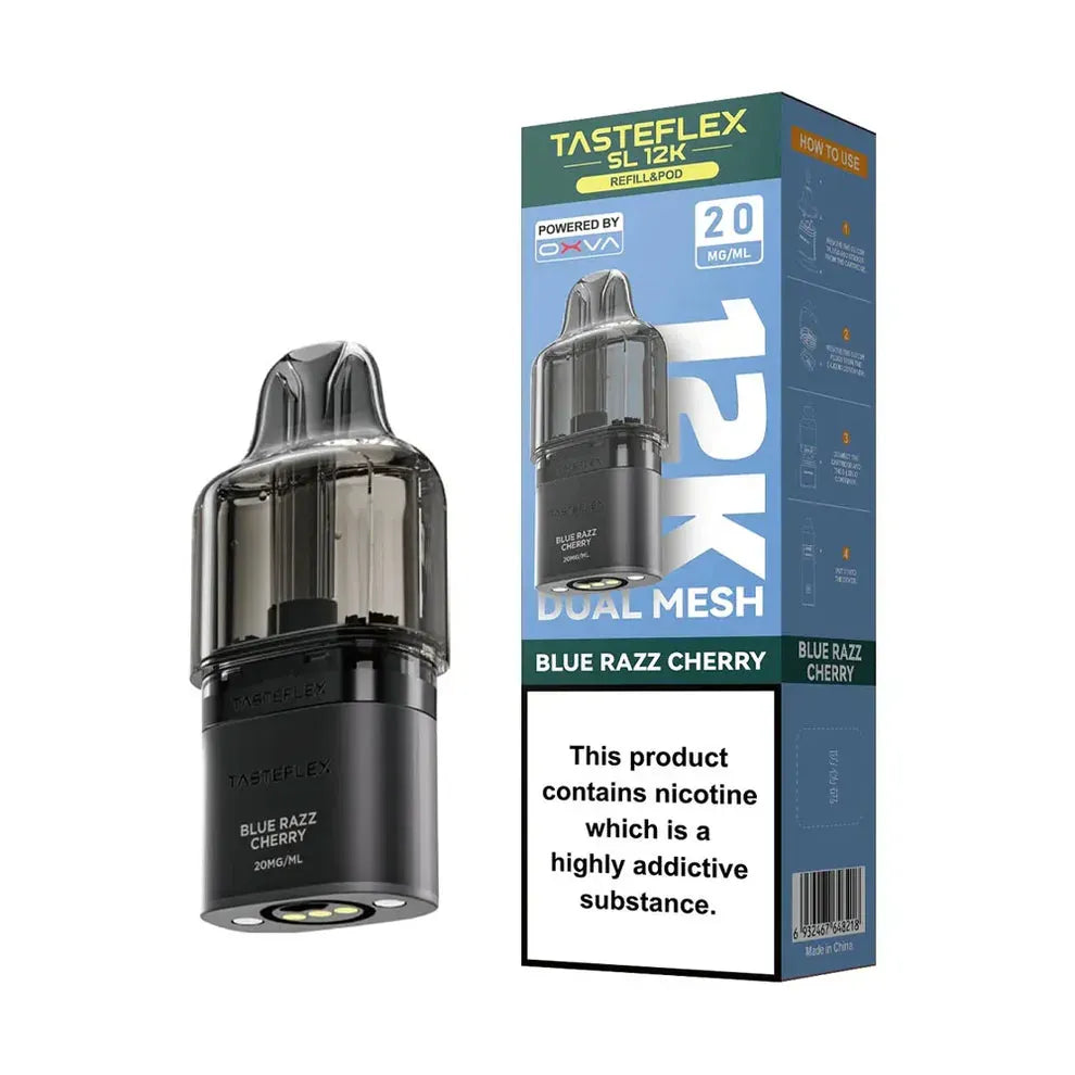 Three Oxva Tasteflex SL 12K Puffs Prefilled Replacement Pods appearing on a white background with pricing on it.