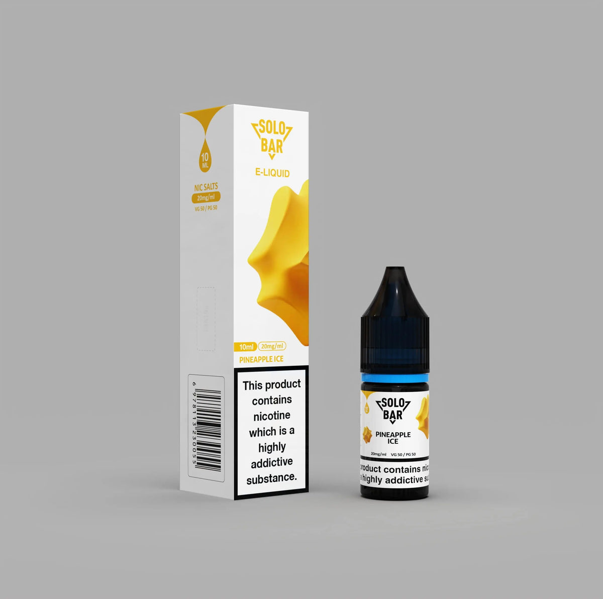 Solo Bar Pineapple Ice e-liquid bottle and packaging on a gray background