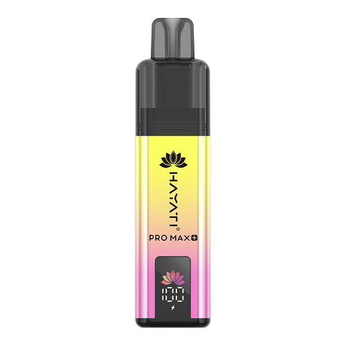A Hayati Pro Max+ 4000 vape device with a black top mouthpiece and a body featuring a yellow-to-pink gradient design with black branding.