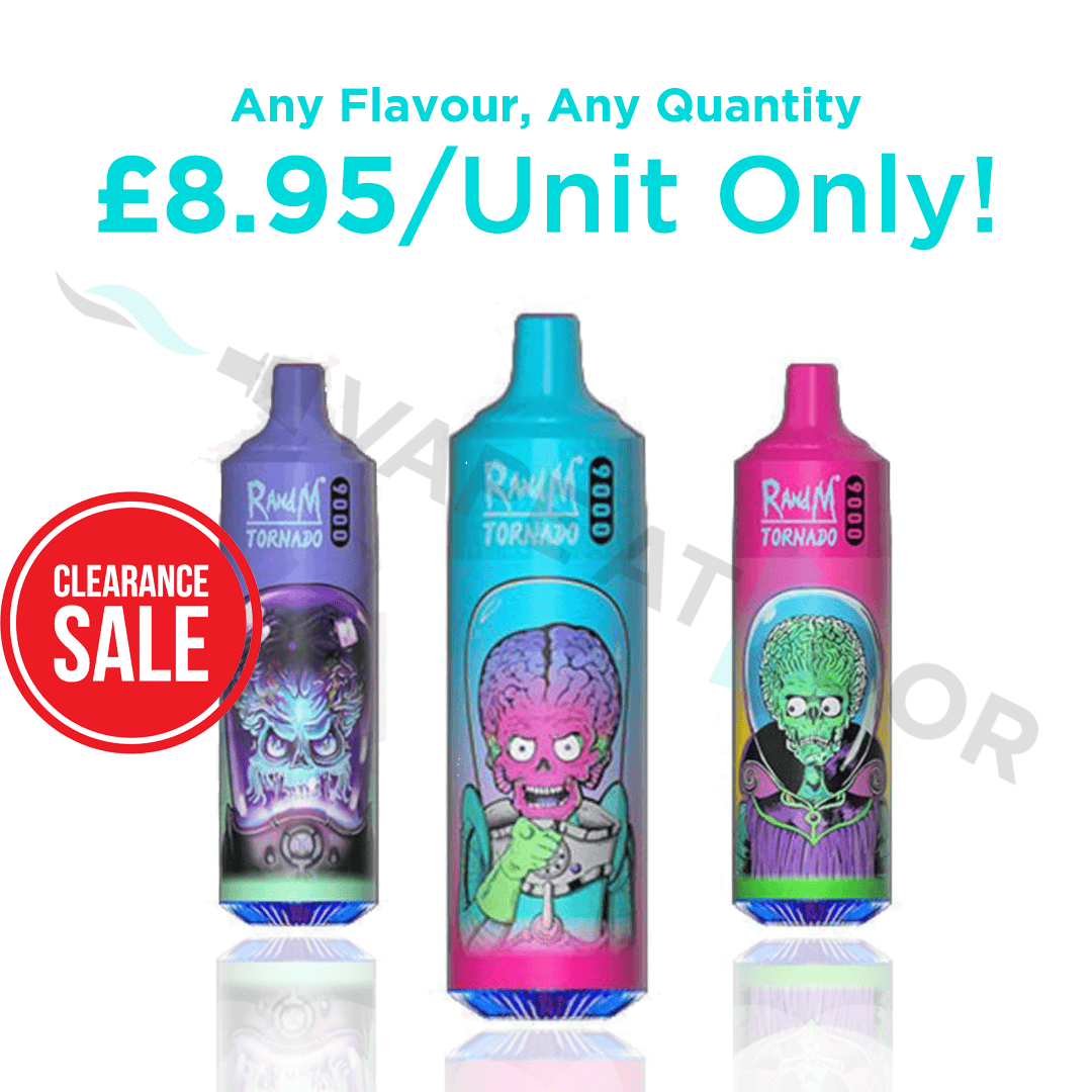 Three colorful Randm 9000 vape devices with cartoon characters on a white background, featuring a clearance sale label.