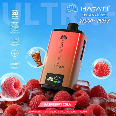 Hayati Pro Ultra Plus 25000 Raspberry Cola (New) Kit with fizzy cola elements and fresh red raspberries.
