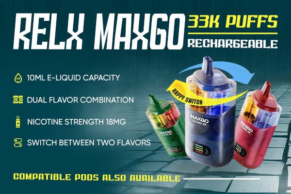 Promotional image of RELX MAXGO rechargeable vape device with features listed.
