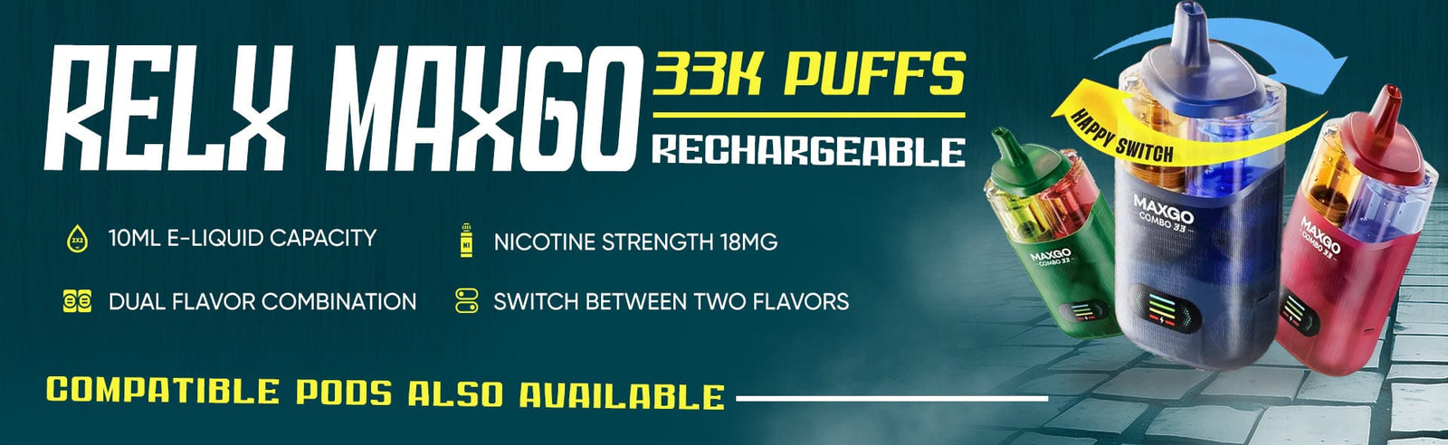 Relx Maxgo rechargeable device with features and compatibility information on a blue background