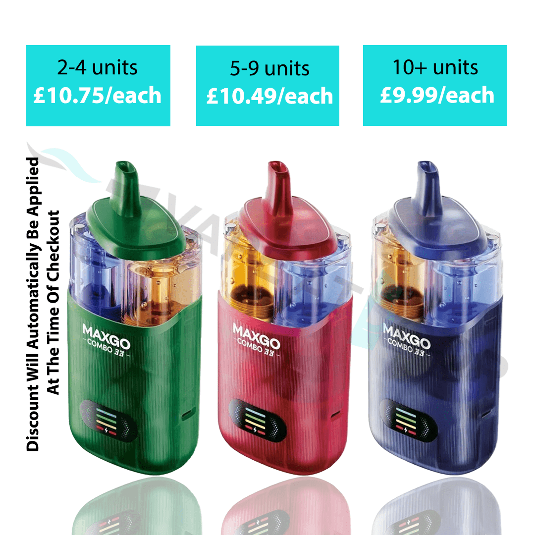 Three RELX MAXGO COMBO 33K Puffs Prefilled Pod Kit in green, red, and blue with pricing information on a white background.