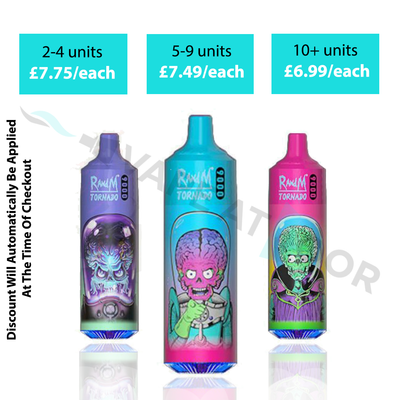 Product advertisement for "RandM Tornado 9000" vapes  also known as RIck And Morty 9000 showing multi-buy pricing tiers: 2–4 units for £7.75 each, 5–9 units for £7.49 each, and 10+ units for £6.99 each. Three cylindrical vapes featuring colorful alien characters in spacesuits (purple, blue, and pink) are displayed below the pricing, with text on the left noting that discounts are automatically applied at checkout.