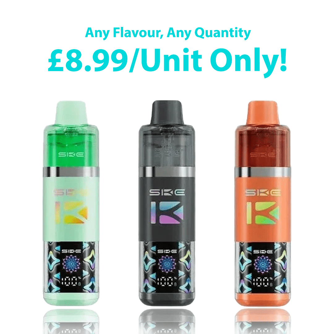 Image showing three SKE Pro Max 30K 2 in 1 Prefilled Pod Kit vapes in different colours, green, black, and orange, with the price promotion text above them reading “Any Flavour, Any Quantity £8.99/Unit Only!
