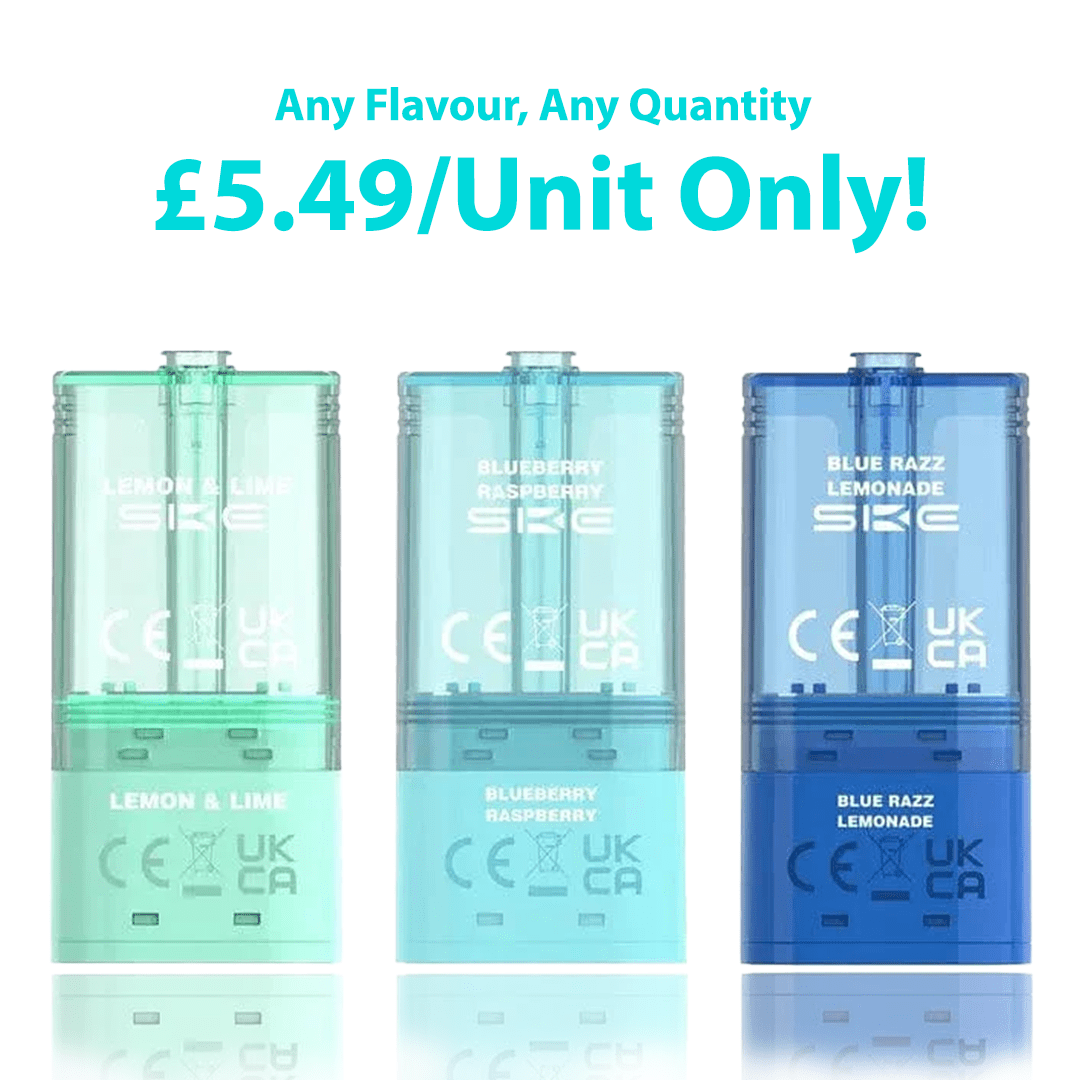 Three SKE Pro Max 30k Puffs Prefilled Replacement Pods in green, blue, and blue-raspberry lemonade on a white background with promotional text.