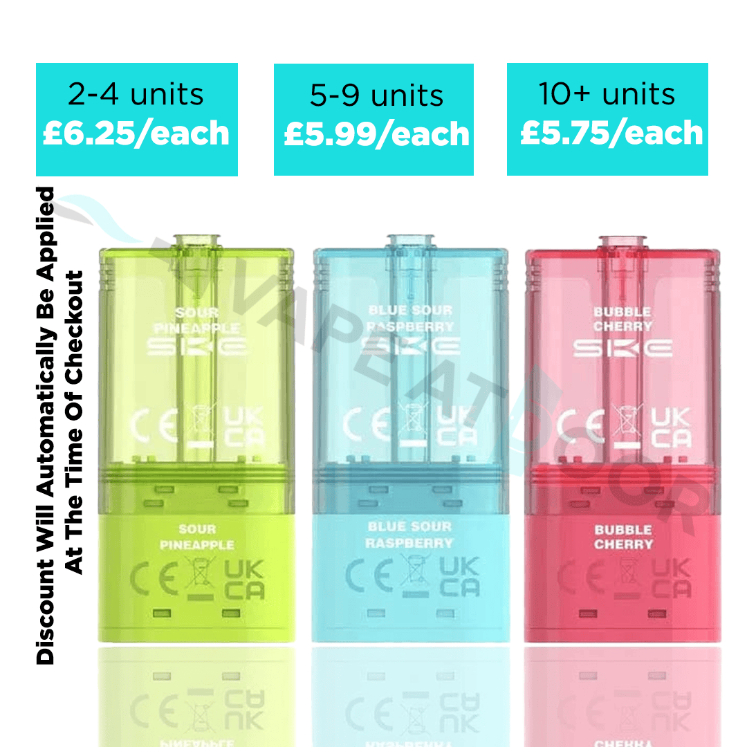 Three ske 30k pro max vape pods with price labels and discount information on a white background.