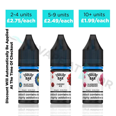 Three vape juice bottles of solobar e-liquids with different flavors and pricing information on a white background.