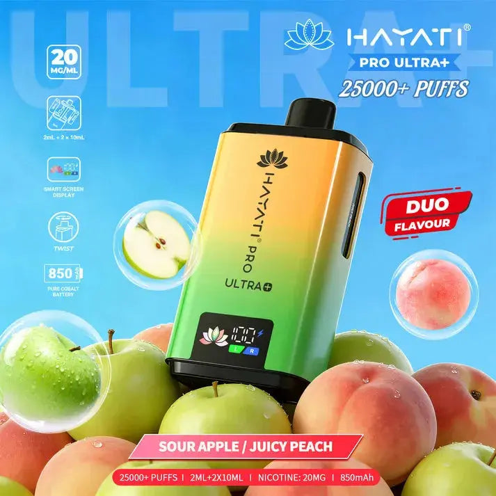 Hayati Pro Ultra Plus 25000 Sour Apple &amp; Juicy Peach Kit with tangy green apples and succulent peaches.