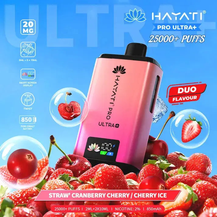 Hayati Pro Ultra Plus 25000 Strawberry Cranberry Cherry &amp; Cherry Ice Kit with tart cranberries and chilled cherries.