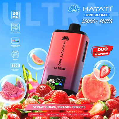 Hayati Pro Ultra Plus 25000 Strawberry Guava & Dragon Berries Kit with pink guava, dragonfruit, and berries.