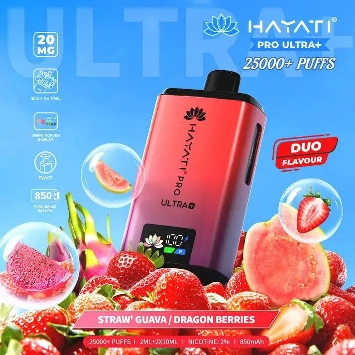 Hayati Pro Ultra Plus 25000 Strawberry Guava &amp; Dragon Berries Kit with pink guava, dragonfruit, and berries.