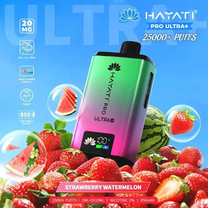 Hayati Pro Ultra Plus 25000 Strawberry Watermelon Kit with ripe red strawberries and juicy watermelon slices.