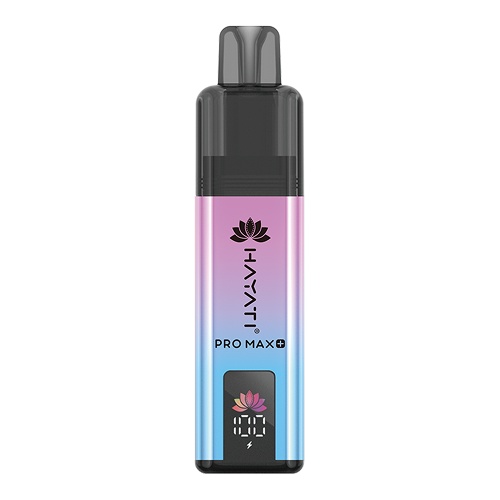 A Hayati Pro Max+ 4000 vape device with a translucent black mouthpiece and a body featuring a pink-to-blue gradient design, shown on a solid white background.