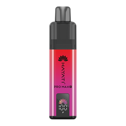 A Hayati Pro Max+ 4000 vape device with a vibrant pink-to-red gradient body, black top mouthpiece, and a digital display showing 100% battery, set against a plain white background.