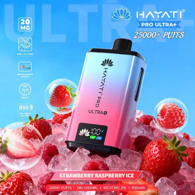 Hayati Pro Ultra Plus 25000 Strawberry Raspberry Ice Kit with fresh garden berries and arctic ice cubes.