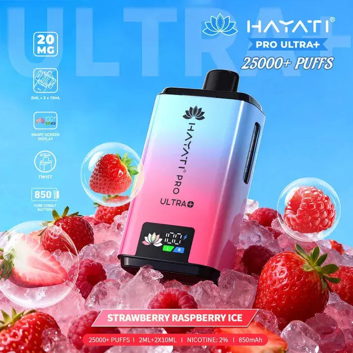 Hayati Pro Ultra Plus 25000 Strawberry Raspberry Ice Kit with fresh garden berries and arctic ice cubes.