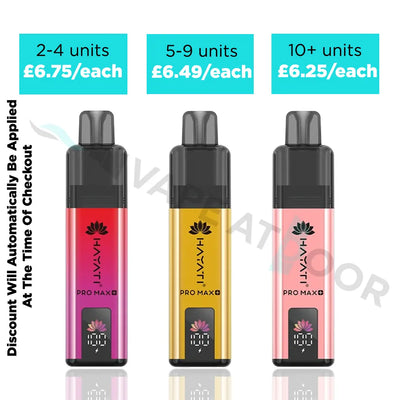 Three Hayati Pro Max plus vape devices shown side by side in pink-magenta, metallic gold, and light pink colors, with unit quantity pricing text overlays above each device on a white background.