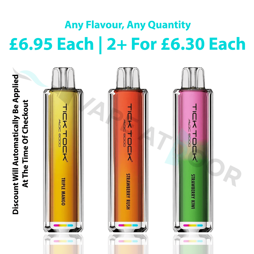 Three colorful Tick Tock Magic 8000 Puffs Prefilled Pod Kit with pricing and discount information on a white background.