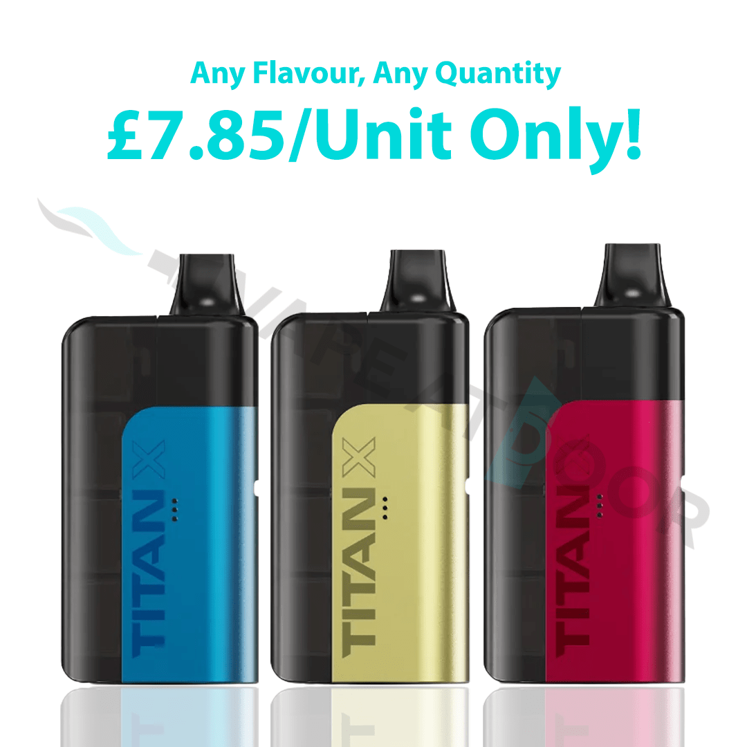 Three Titan X 10K Prefilled Pod Kit in blue, gold, and red on a white background with promotional text.