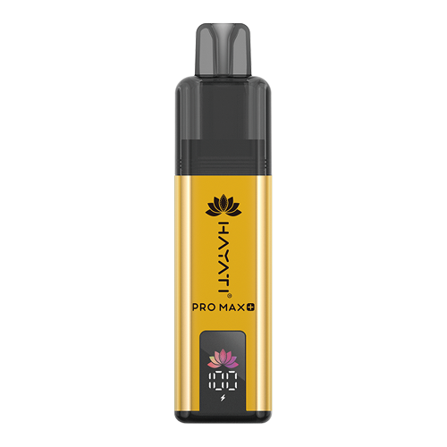 A Hayati Pro Max+ 4000 vape device with a metallic gold body, a black mouthpiece, and a digital display showing 100% battery, set against a plain white background.